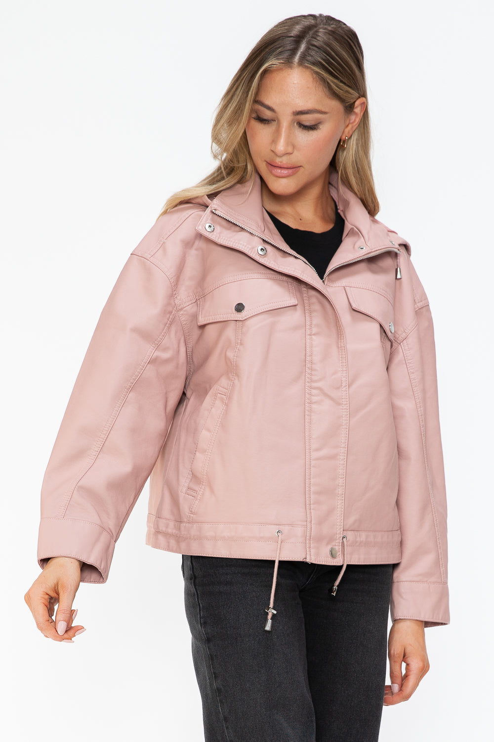 How Dare U Drawstring Hem PU Leather Zip Up Jacket - Teresa's Fashionista LLC
