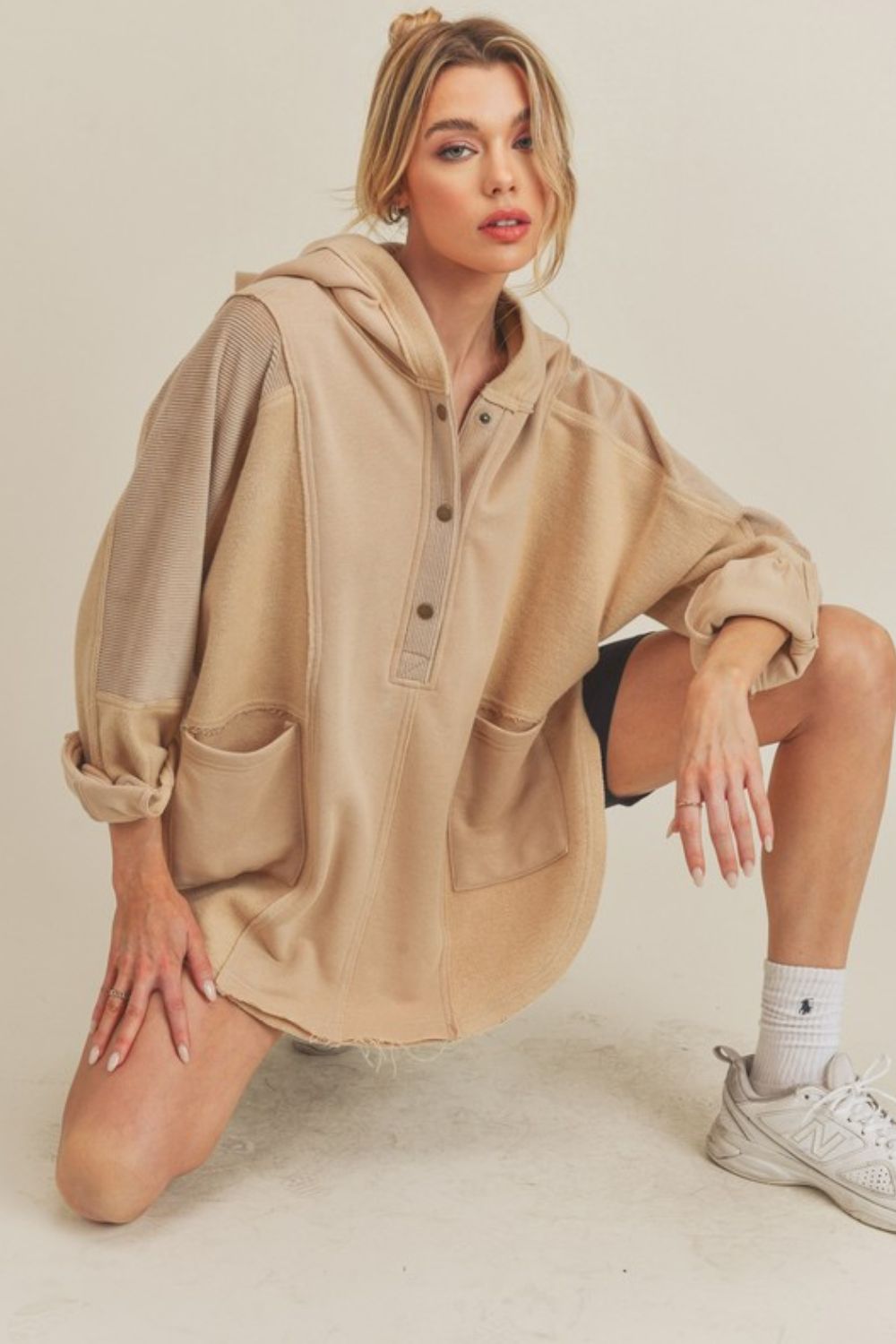 Aemi+Co Slit Half Snap Oversize Hoodie - Teresa's Fashionista LLC