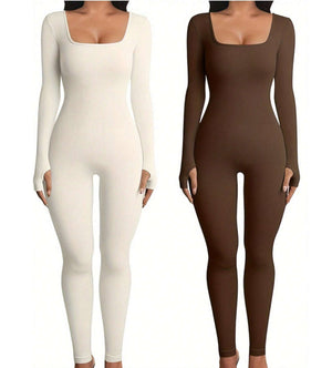 Women's Yoga Sports Fitness Jumpsuit Workout Long Sleeve Square Collar Clothing - Teresa's Fashionista LLC