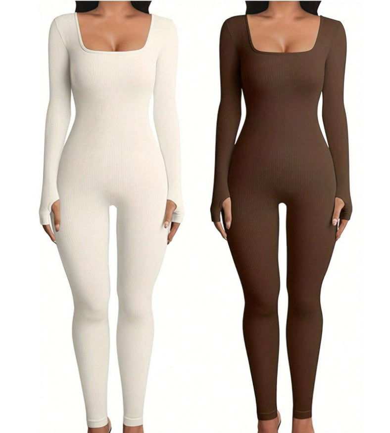 Women's Yoga Sports Fitness Jumpsuit Workout Long Sleeve Square Collar Clothing - Teresa's Fashionista LLC