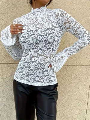 Mock Neck Long Sleeve Lace Top - Teresa's Fashionista LLC