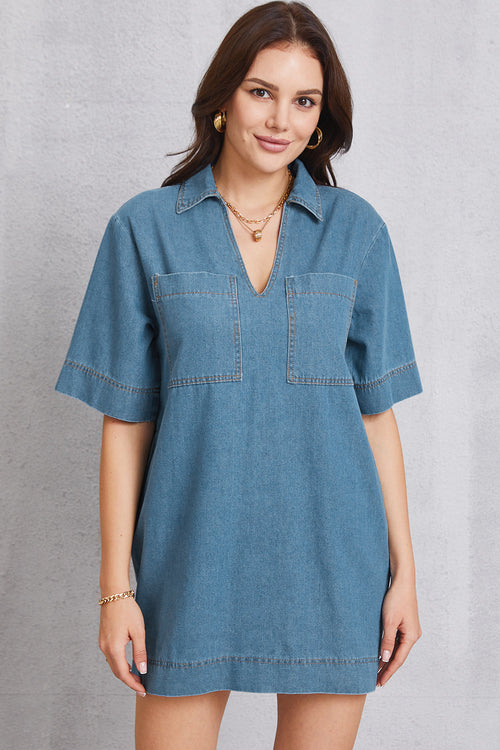 Pocketed Collared Neck Mini Denim Dress-Teresa's Fashionista LLC