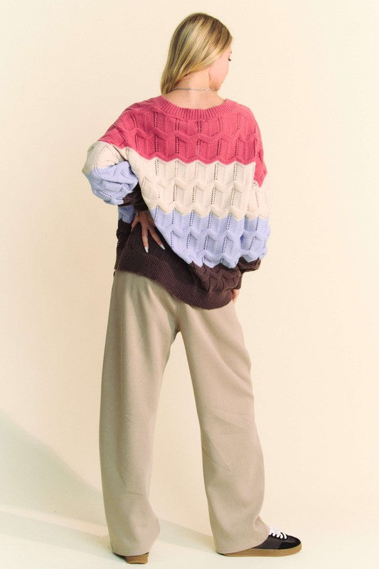 Davi & Dani Wavy Texture Color Block V-Neck Sweater - Teresa's Fashionista LLC