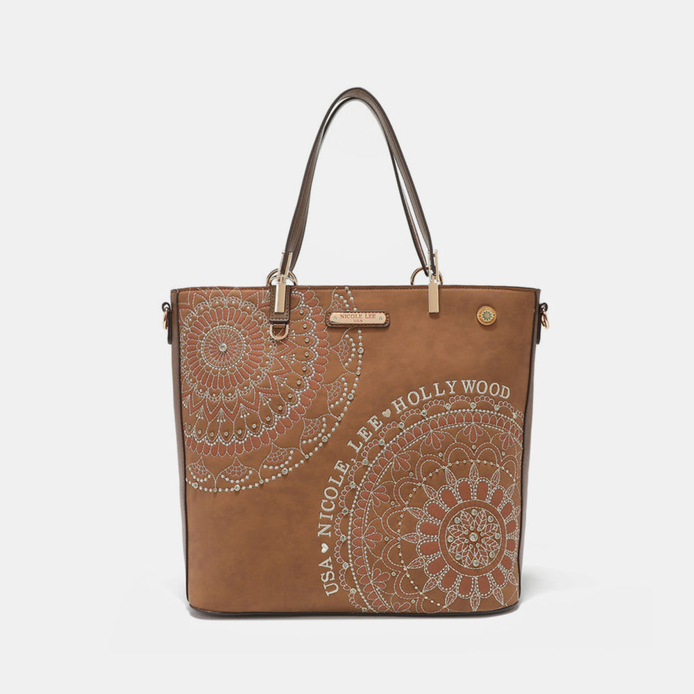 Nicole Lee USA Metallic Stitching Embroidery Inlaid Rhinestone Tote Bag-Teresa's Fashionista LLC