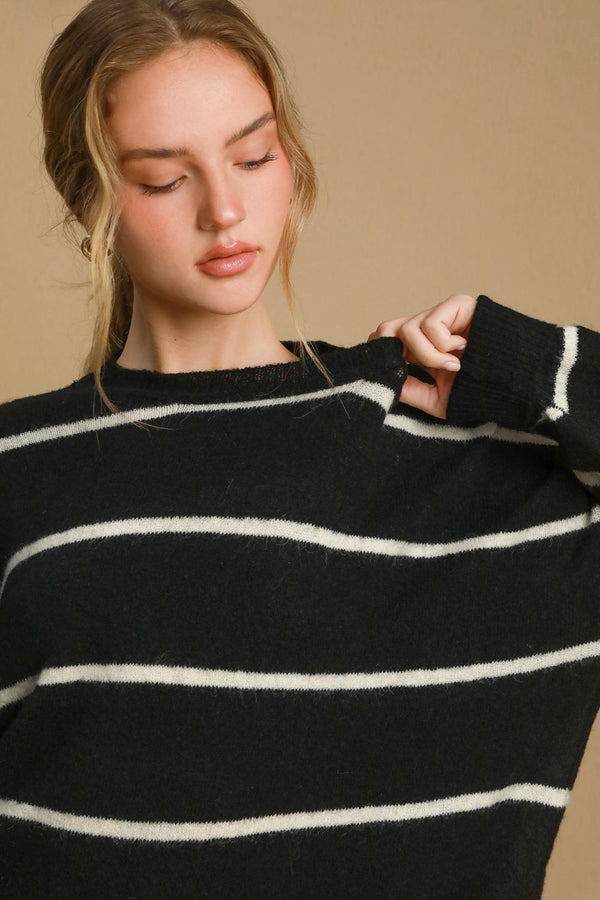 Umgee Wool Blend Striped Round Neck Sweater - Teresa's Fashionista LLC