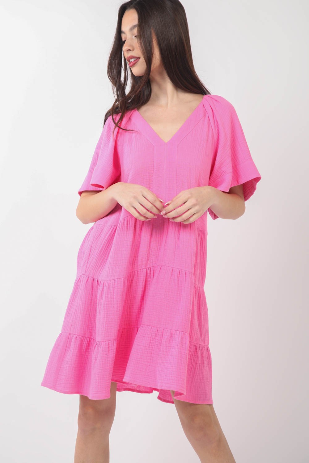 VERY J Texture V-Neck Ruffled Tiered Dress-Teresa's Fashionista LLC