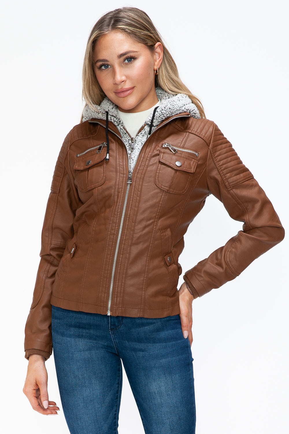 YMI Removable Faux Layered Multi-Pocket Jacket with Fuzzy Hood - Teresa's Fashionista LLC