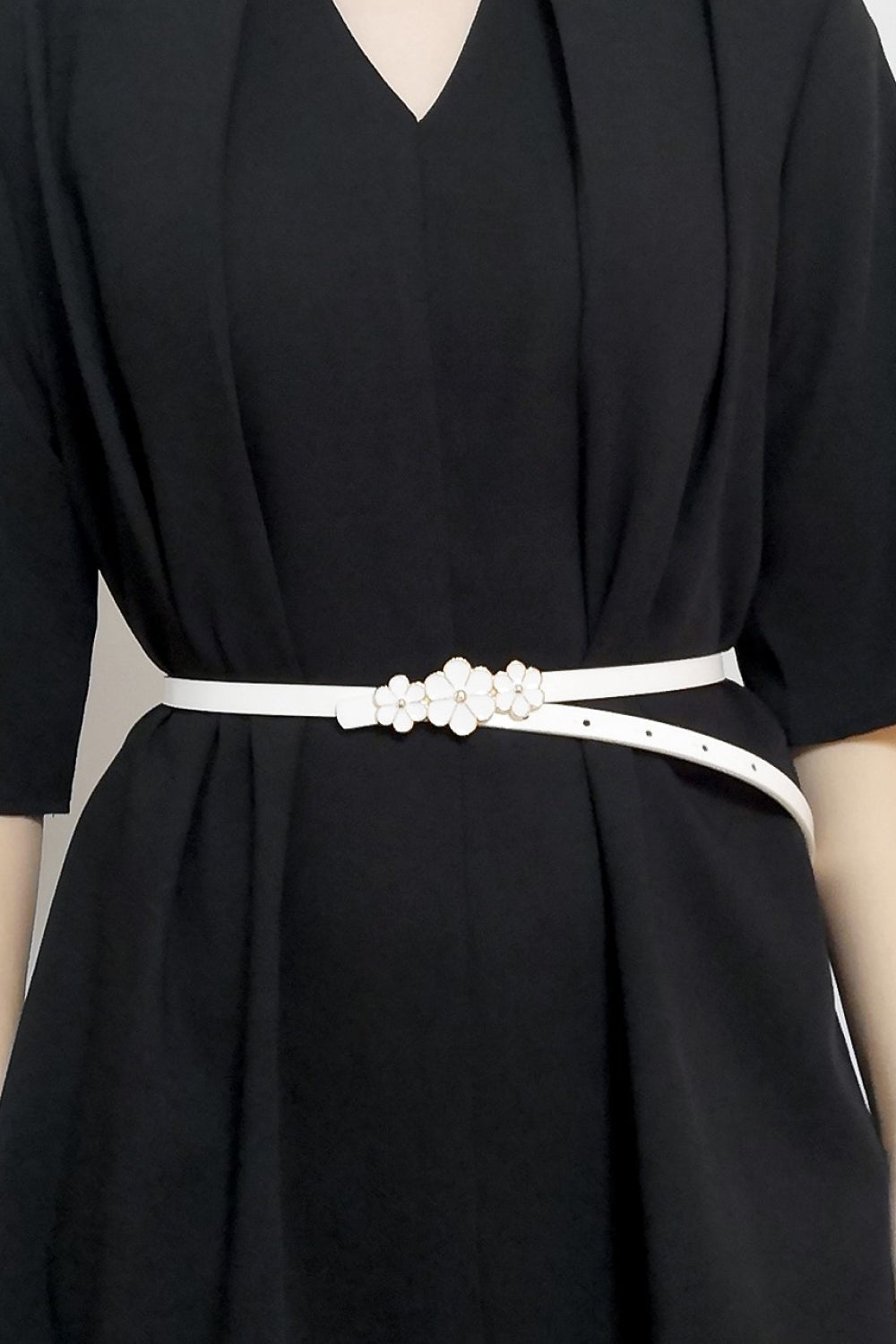 Flower Decor Skinny PU Belt-Teresa's Fashionista LLC