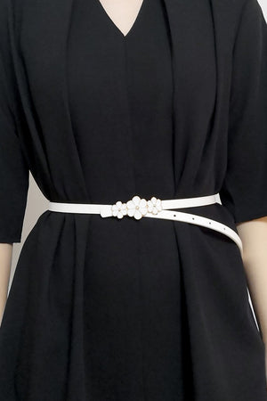 Flower Decor Skinny PU Belt-Teresa's Fashionista LLC