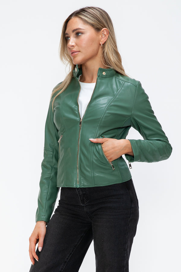 Snobbish Faux Leather Zip Up Drawstring Hooded Jacket - Teresa's Fashionista LLC
