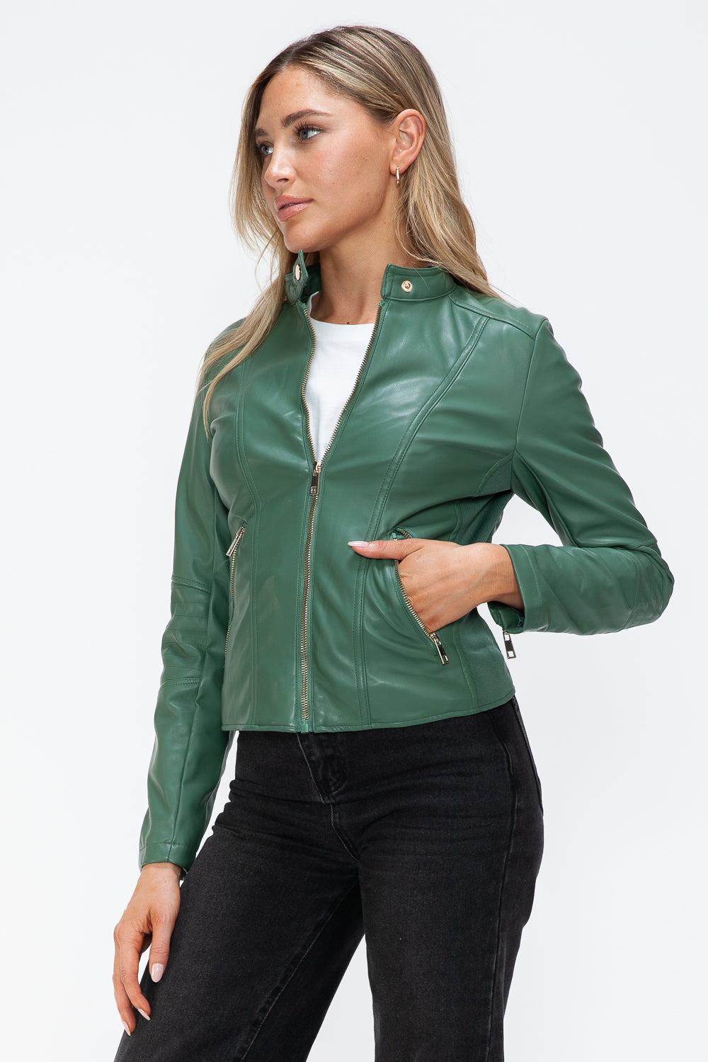 Snobbish Faux Leather Zip Up Drawstring Hooded Jacket - Teresa's Fashionista LLC