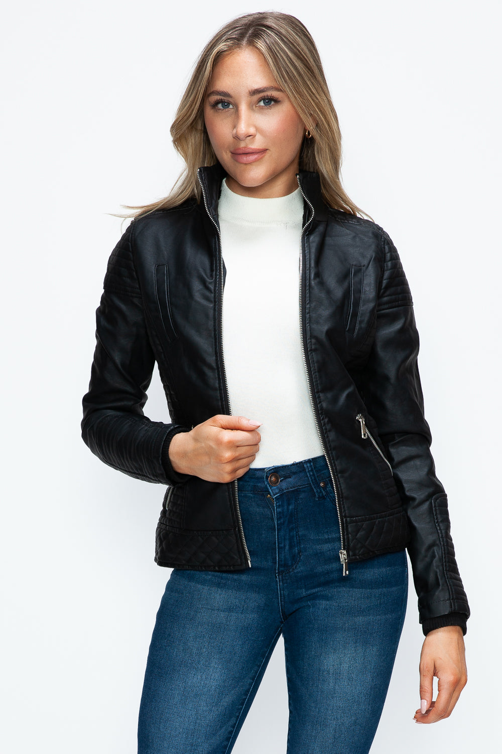 YMI Faux Layered Double-Zipper Jacket with Fuzzy Hood - Teresa's Fashionista LLC