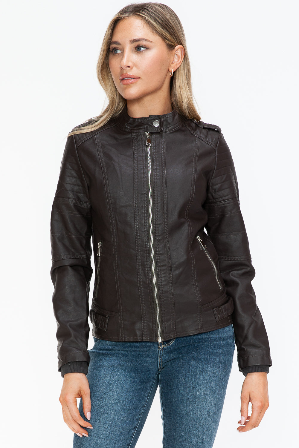 Snobbish PU Leather Biker Jacket with Side Zip Pockets - Teresa's Fashionista LLC