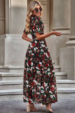 Floral V-Neck Short Flounce Sleeve Dress-Teresa's Fashionista LLC