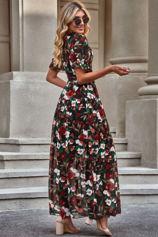 Floral V-Neck Short Flounce Sleeve Dress-Teresa's Fashionista LLC