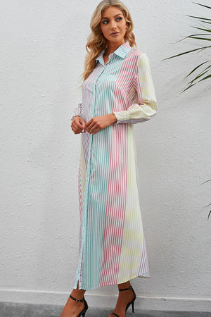 Rainbow Stripe Button-Up Maxi Shirt Dress-Teresa's Fashionista LLC