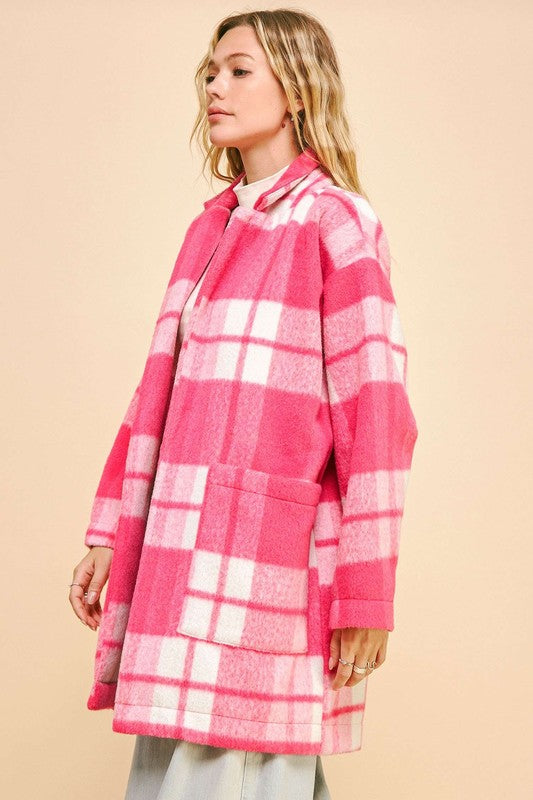 Davi & Dani Plaid Open Front Drop Shoulder Longline Coat - Teresa's Fashionista LLC