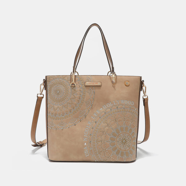 Nicole Lee USA Metallic Stitching Embroidery Inlaid Rhinestone Tote Bag-Teresa's Fashionista LLC