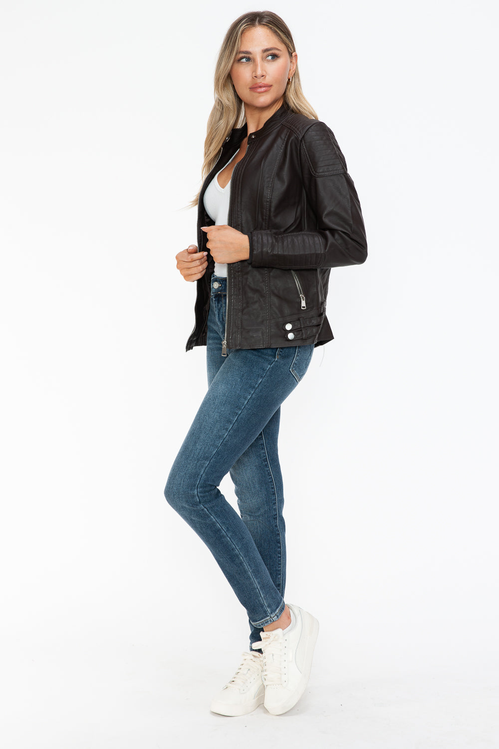 Snobbish Faux Leather Biker Jacket with Side Zip Pockets - Teresa's Fashionista LLC
