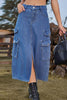 Slit Front Midi Denim Skirt with Pockets-Teresa's Fashionista LLC