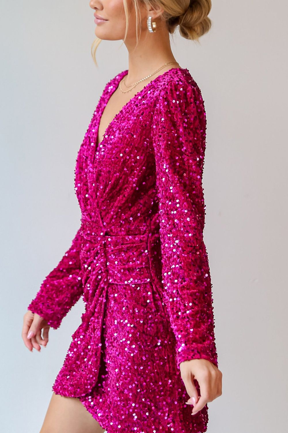 Sequin Surplice Long Sleeve Mini Dress - Teresa's Fashionista LLC