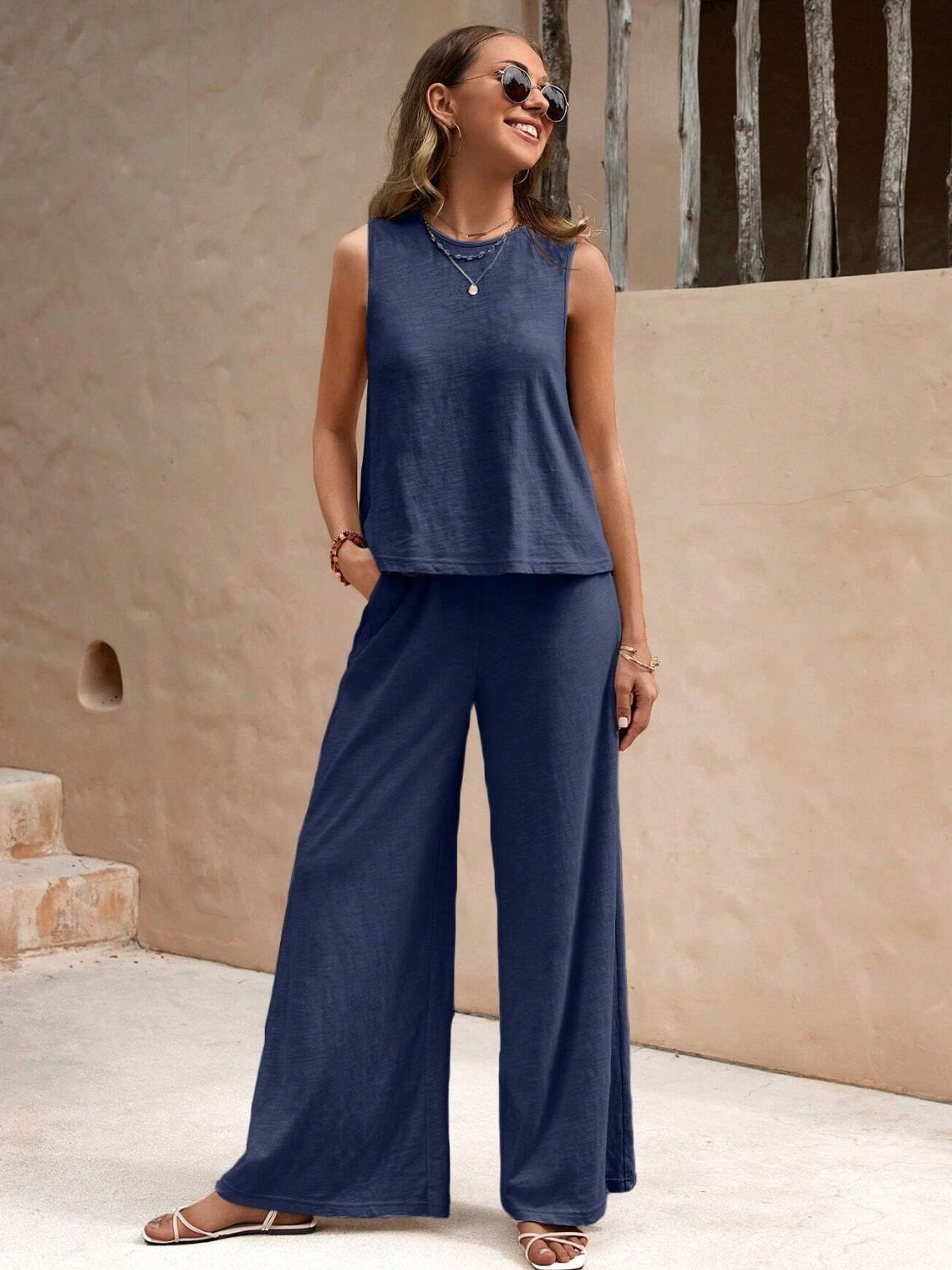 Round Neck Sleeveless Top and Wide Leg Pants Set-Teresa&#39;s Fashionista LLC