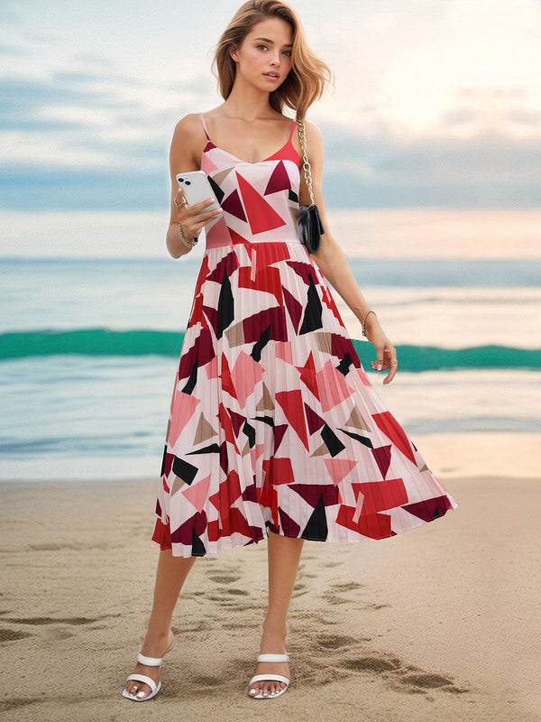 Pleated Geometric Spaghetti Strap Dress-Teresa's Fashionista LLC