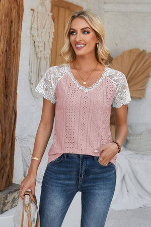 Eyelet V-Neck Lace Short Sleeve T-Shirt-Teresa's Fashionista LLC