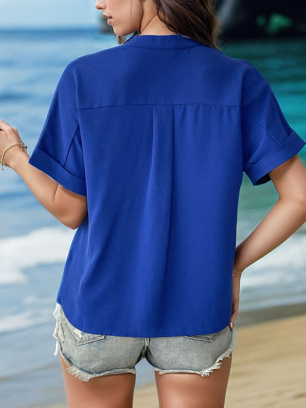Buttoned Notched Short Sleeve Blouse-Teresa's Fashionista LLC