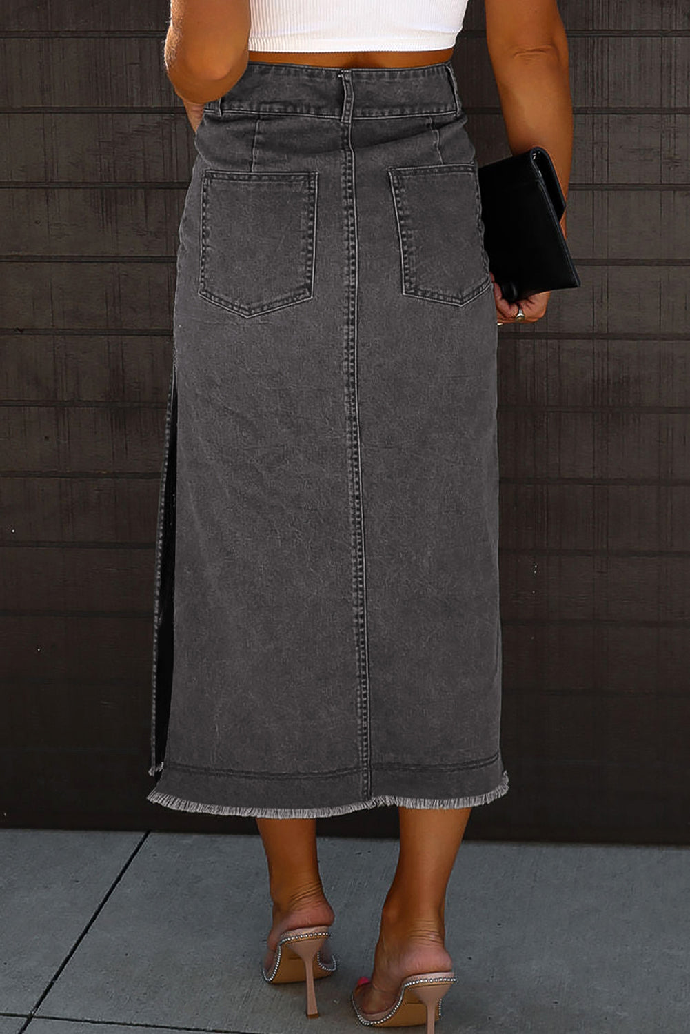 Raw Hem Slit Pocketed Midi Denim Skirt-Teresa&#39;s Fashionista LLC