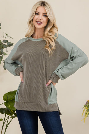 Celeste Full Size High-Low Contrast Round Neck Sweatshirt - Teresa's Fashionista LLC