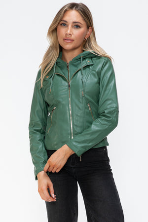 Snobbish Faux Leather Zip Up Drawstring Hooded Jacket - Teresa's Fashionista LLC