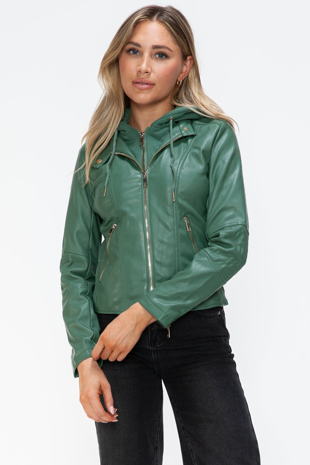 Snobbish Faux Leather Zip Up Drawstring Hooded Jacket - Teresa's Fashionista LLC