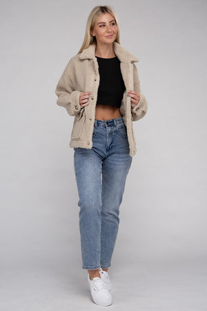 Cozy Sherpa Button-Front Jacket-Teresa's Fashionista LLC