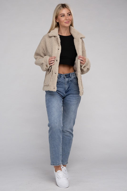 Cozy Sherpa Button-Front Jacket-Teresa's Fashionista LLC