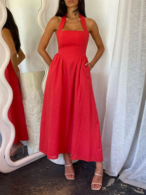 Devine Ruched Halter Neck Midi Dress - Teresa's Fashionista LLC