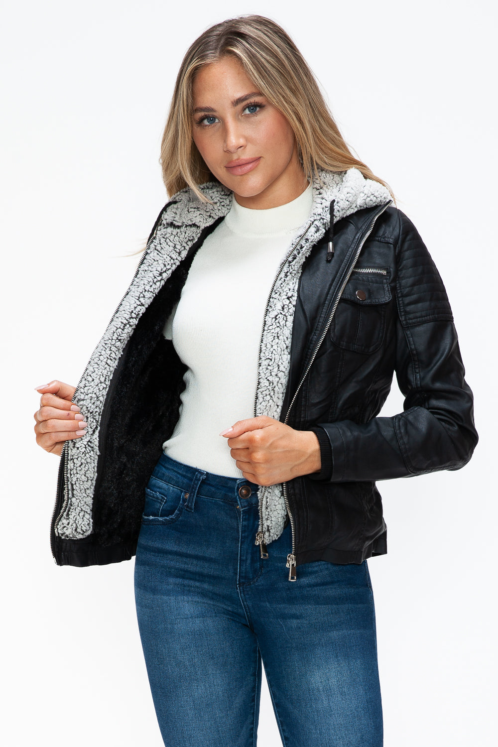 YMI Removable Faux Layered Multi-Pocket Jacket with Fuzzy Hood - Teresa's Fashionista LLC
