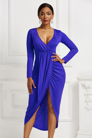 High-low Ruched Surplice Long Sleeve Dress-Teresa's Fashionista LLC
