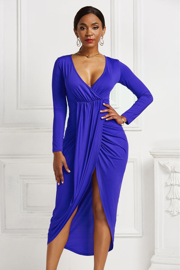 High-low Ruched Surplice Long Sleeve Dress-Teresa's Fashionista LLC