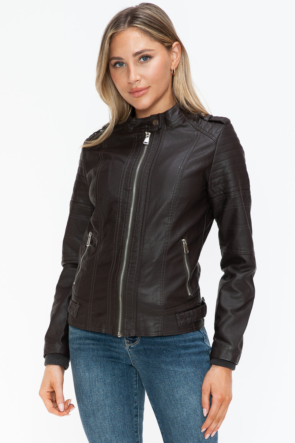 Snobbish PU Leather Biker Jacket with Side Zip Pockets - Teresa's Fashionista LLC