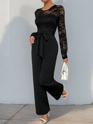 Perfee lace round neck long sleeve jumpsuit, black semi-sheer lace top, tied waist, polyester blend.