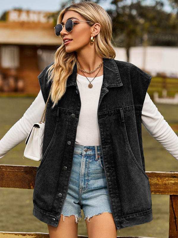 Button Up Collared Neck Sleeveless Denim Jacket-Teresa's Fashionista LLC