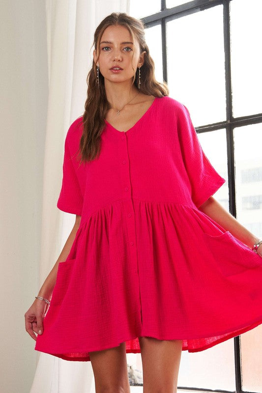 ADORA V-Neck Half Sleeve Dress with Pockets - Teresa's Fashionista LLC