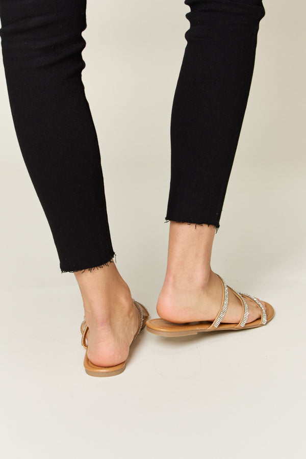 WILD DIVA Rhinestone Three-Strap Flat Sandals-Teresa's Fashionista LLC