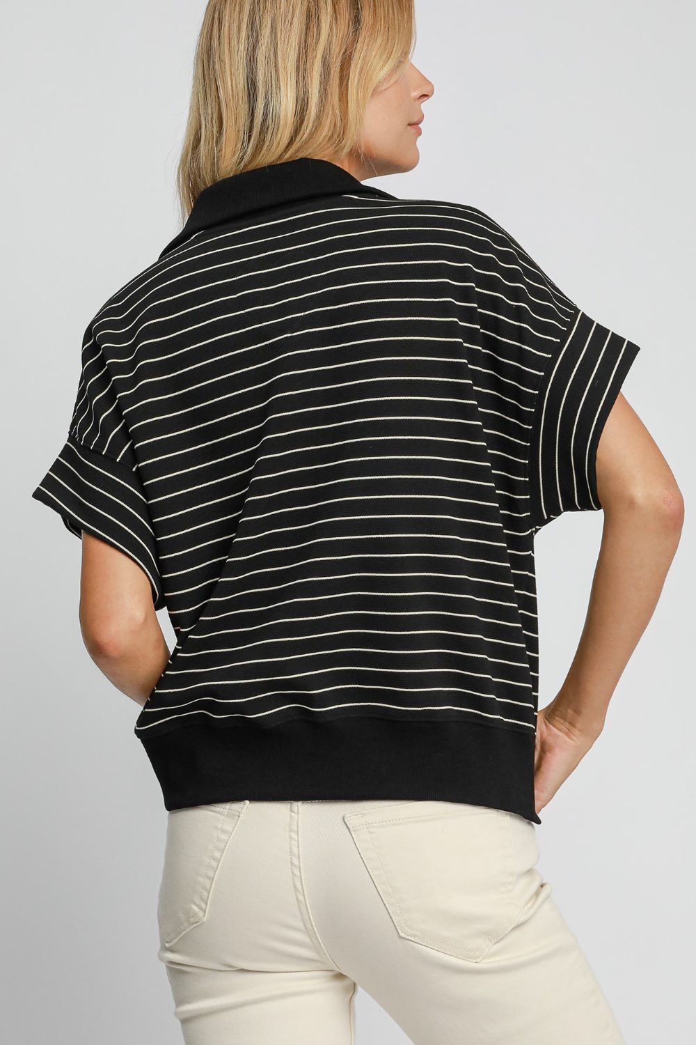 Umgee Striped Half Zip Short Sleeve Sweatshirt - Teresa's Fashionista LLC