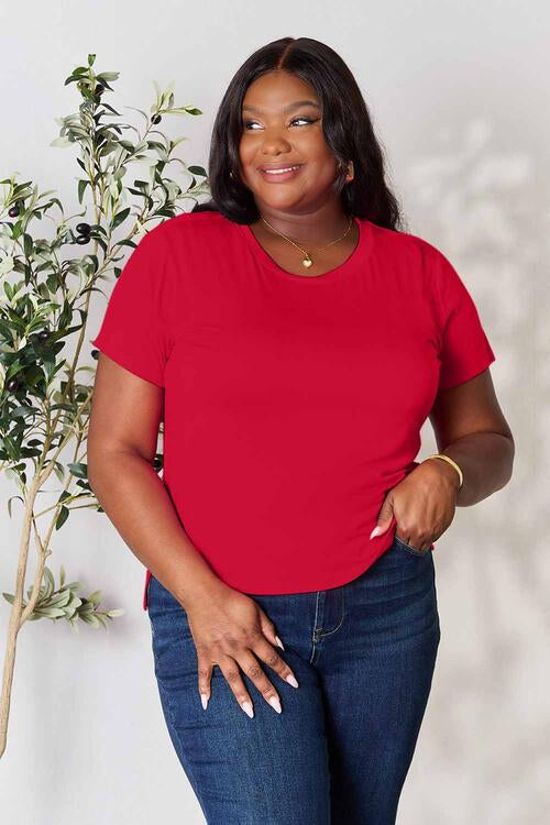 Basic Bae Full Size Round Neck Short Sleeve T-Shirt in Red, Slightly Stretchy Rayon-Spandex Blend