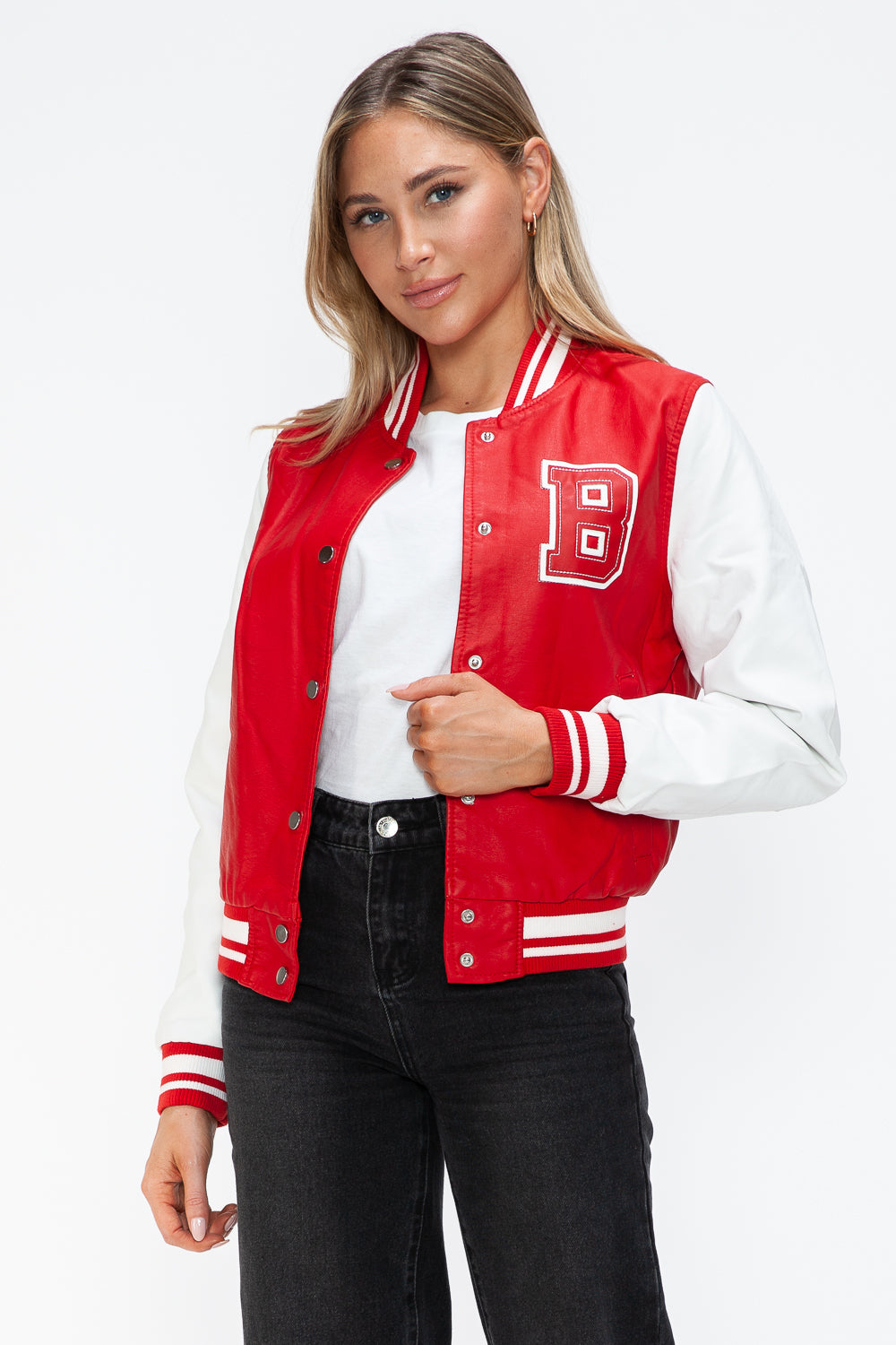 Love Me Now PU Leather Contrast Snap Down Bomber Jacket - Teresa's Fashionista LLC