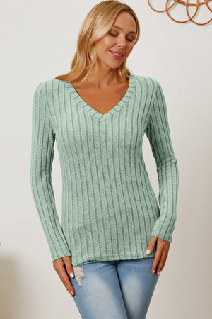 Basic Bae Full Size Ribbed V-Neck Long Sleeve T-Shirt-Teresa's Fashionista LLC