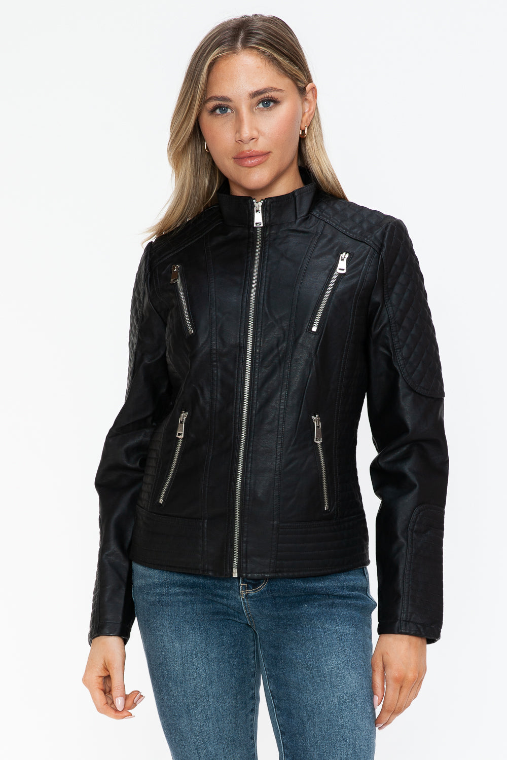 Snobbish Faux Leather Zip Up Mock Neck Jacket - Teresa's Fashionista LLC