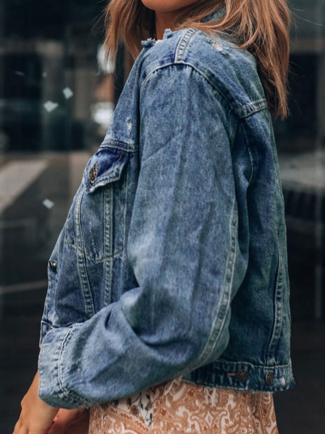 Button Up Collared Neck Distressed Denim Jacket-Teresa&#39;s Fashionista LLC